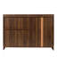 Grand buffet de grande capacité avec portes coulissantes en verre, pouvant servir de support de rangement, convenant à la cuisine, au garage et à la salle de réception, look minimaliste moderne, couleur noyer, panneau de particules et espace spacieux