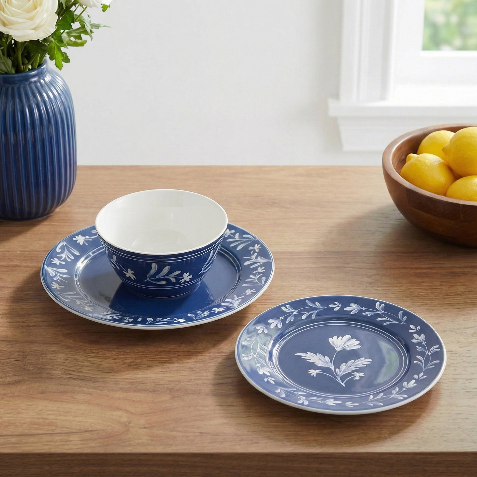 Martha Stewart Maiden Crown 12-Piece Dinnerware Set – Vegan Bone China Ceramic Plates & Bowls – Floral Design – Service for 4 – Dishwasher & Microwave Safe