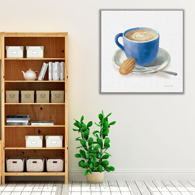 «Wake Up Coffee I Linen Classic Blue», reproduction d'art sur toile, H 12 po x l 12 po