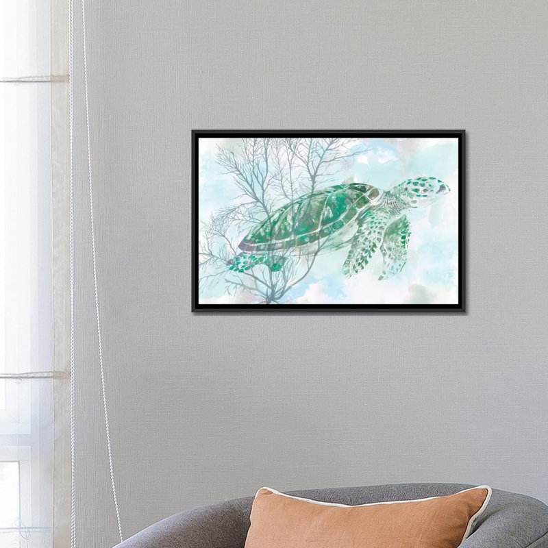 « aquarelle sea turtle i », impression sur toile, H 18 po x l 26 po x P 1,5 po, Toile avec cadre noir, Pas de tapis