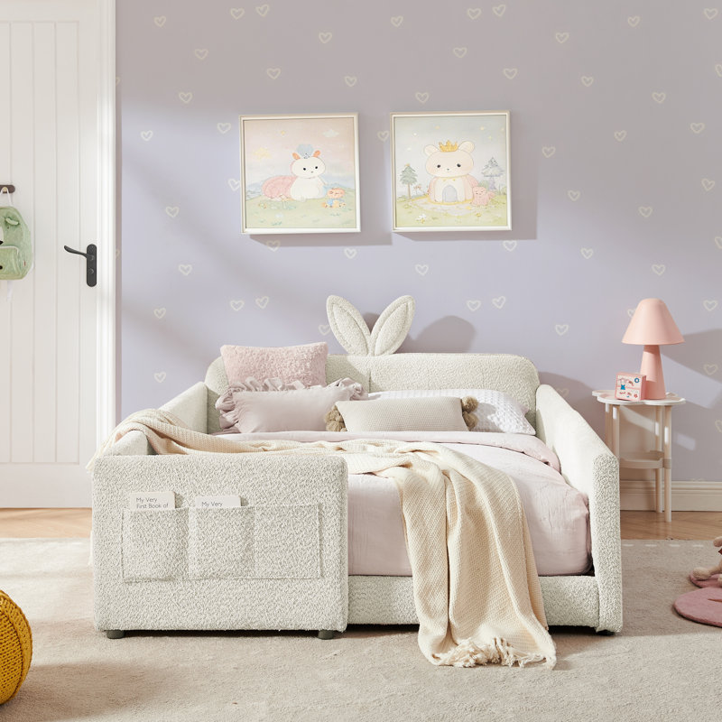 Beige Twin Upholstered Platform Bed with Rabbit Ear Headboard, Safety Rail & Pocket, Boucle Fabric, Beige, Twin