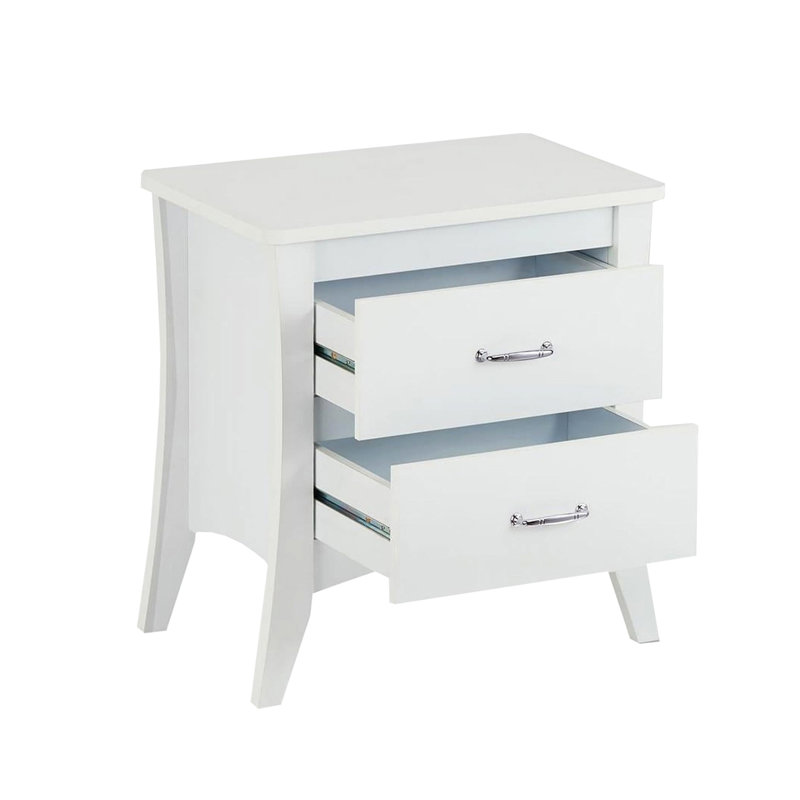 Table de chevet blanche avec deux tiroirs de taille et deux pieds effilés blancs fonctionnels