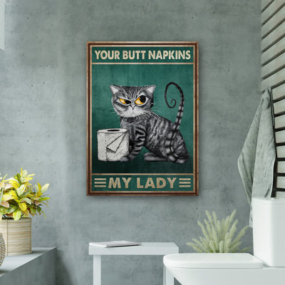 Naughty Cat - Your Napkins, My Lady, toile tendue avec châssis - décor d'illustrations pour salle de bain et blanchisserie, gris et vert foncé