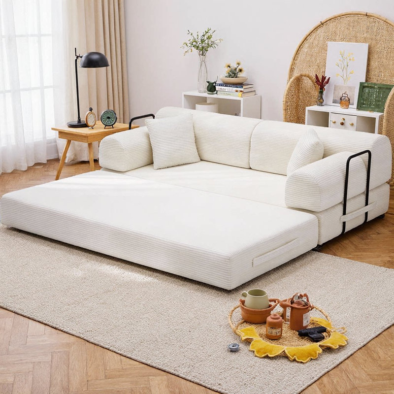 Convertible Sleeper Sofa Bed, Corduroy 4-in-1 Folding Loveseat Couch, Daybed & Floor Lounge Sofa with No Assembly Required, Fixed Frame for Living Room, Bedroom, Studio