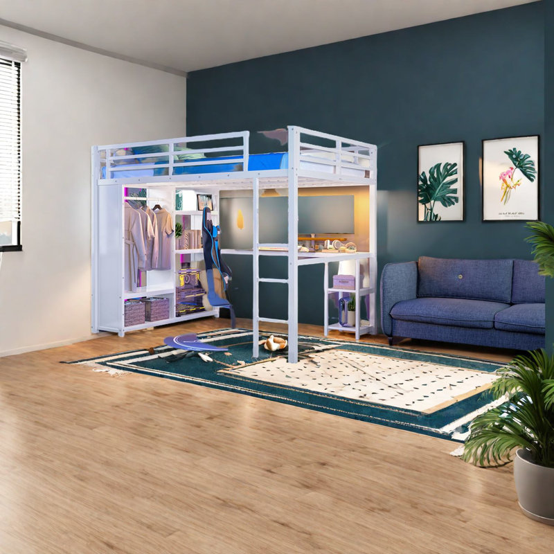 Grand lit mezzanine en métal peu encombrant avec rangement multifonctionnel et style moderne