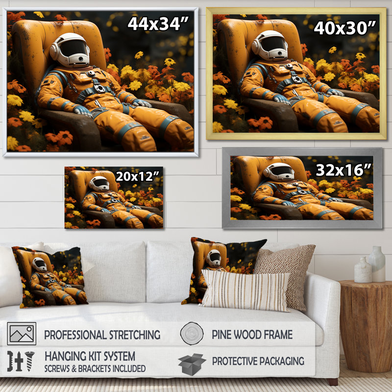 " Man In Astronaut Suit ", 16" H x 32" W x 1" D, Black Floater Framed