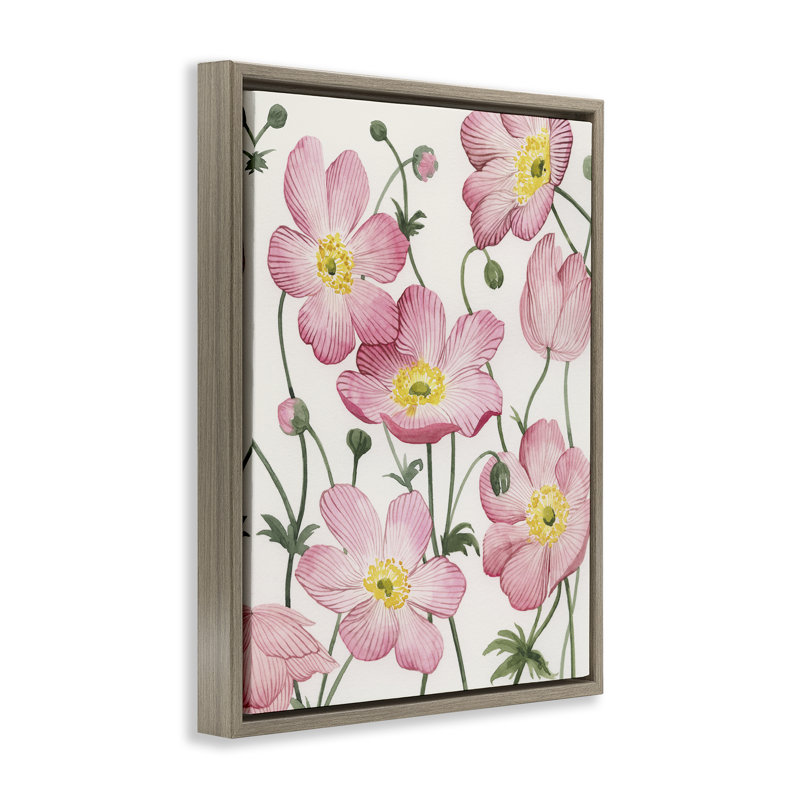 Toile flottante avec anémones roses douces, conception de Grace Popp, H 21 po x l 17 po, Cadre flottant orme Montalcino