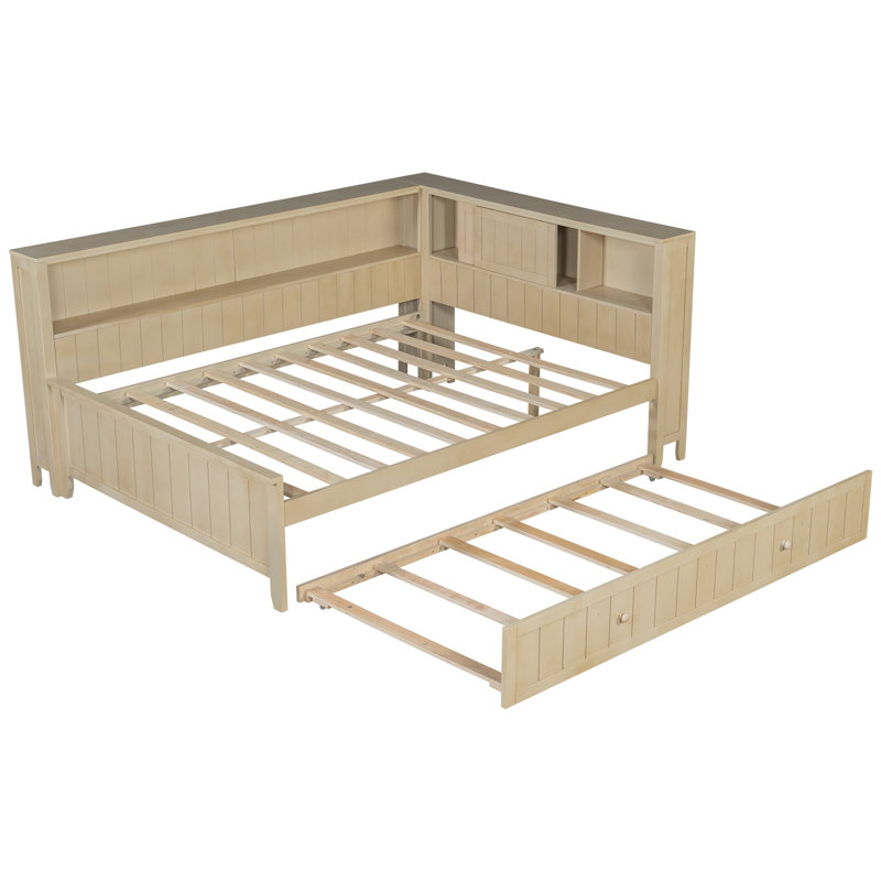 Full Size Wood Daybed with Storage Shelves, Sliding Door Cabinet, Twin Trundle, Antique White Finish