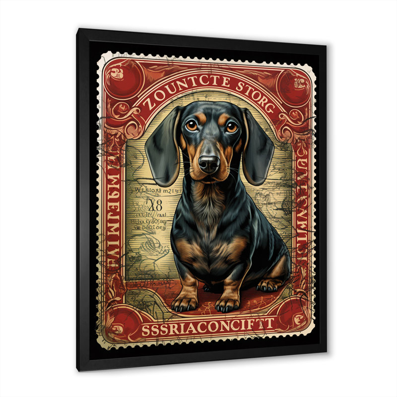 Illustration rétro du timbre de teckel mignon I - impression, H 44 po x l 34 po x P 1,5 po, Cadre simple noir