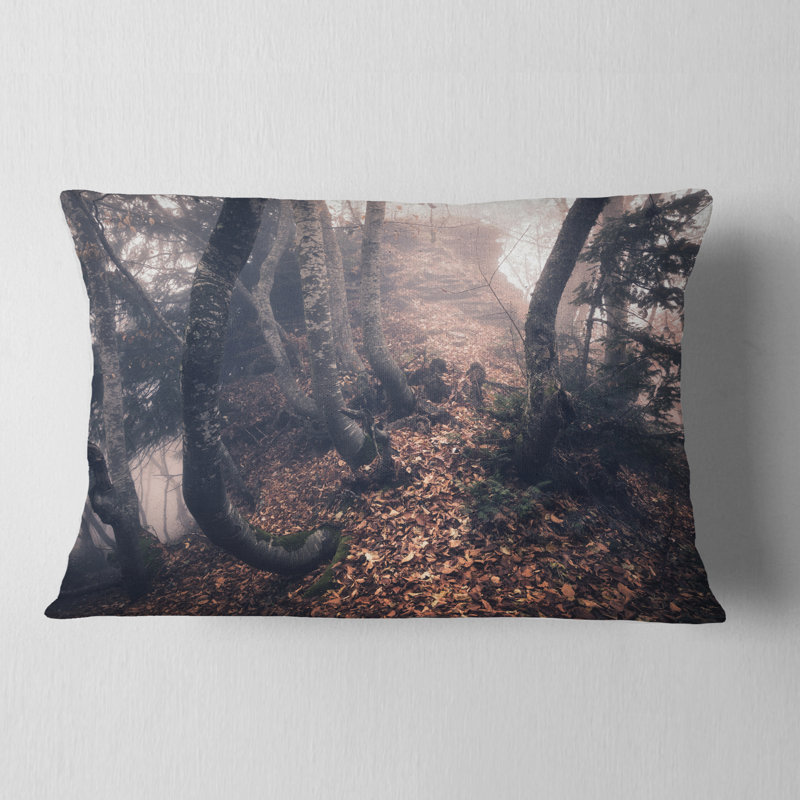 Arbres d'automne brumeux dans la forêt - coussin à imprimé paysage
