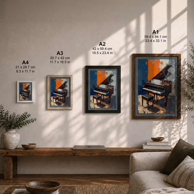 Grand Piano in Blue Mid-Century - Framed Print, Unframed, A4 - 29.7 x 21.0 cm