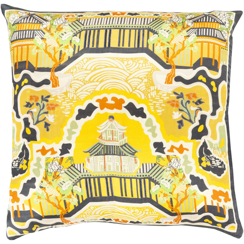 Geisha Silk Floral Throw Pillow Cover, 22" H x 22" W x 0.25" D, Yellow\Black