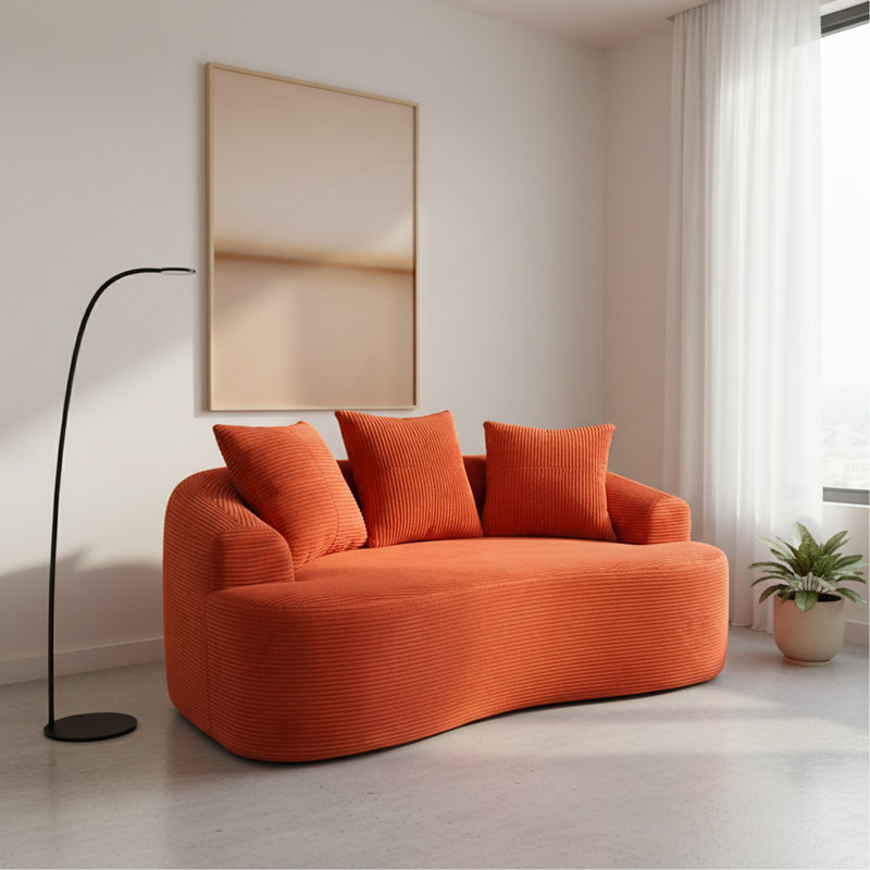Canapé incurvé 65,35 po avec coussins à ressorts ensachés pour siège moelleux, petit espace avec 3 coussins décoratifs, sans assemblage, orange rouge