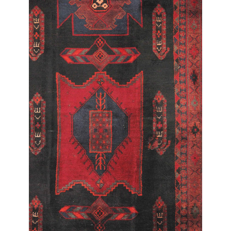 Tapis de couloir oriental noir / rouge / bleu en coton noué à la main 4 pi 4 po x 9 pi 8 po Oriental