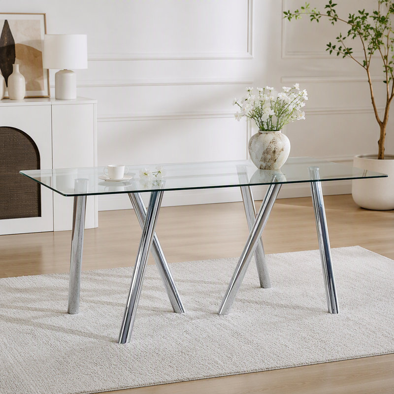 Table de salle à manger en verre trempé de 71 pouces avec pieds robustes en métal, Argent