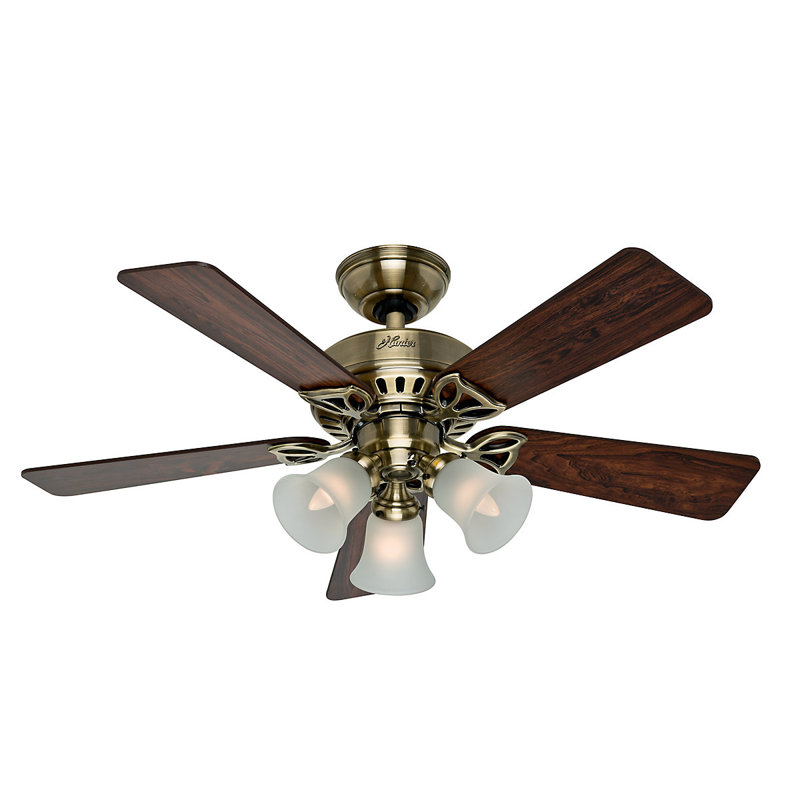 107cm Ceiling Fan with Light Kit, Rosewood/Medium Oak, Antique Brass
