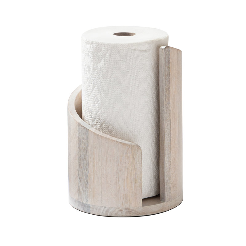 Wooden Paper Towel Holder with Top Load Space Design for Kitchen and Table Decor, Anti Skid Base, Eco Friendly Mango Wood & Metal Rod - Whitewash / Nickel