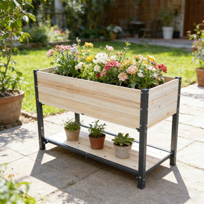 Lit de jardin surélevé en bois massif et structure en fer - Panneaux de bois réversibles et remplaçables, sans peinture / formaldéhyde, boîte à fleurs bricolage pour légumes, fruits, fleurs