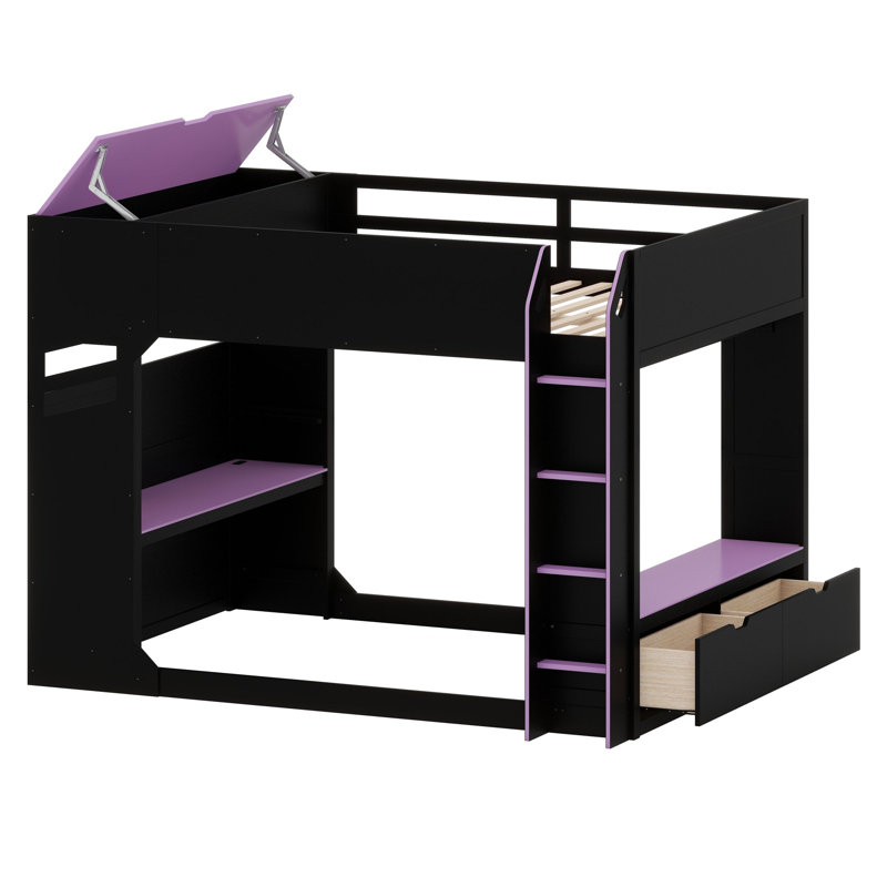 Lit mezzanine avec bureau à hauteur réglable, Mauve et noir