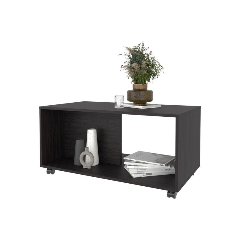Table basse Gu Oidak avec rangement ouvert et roulettes, wengé