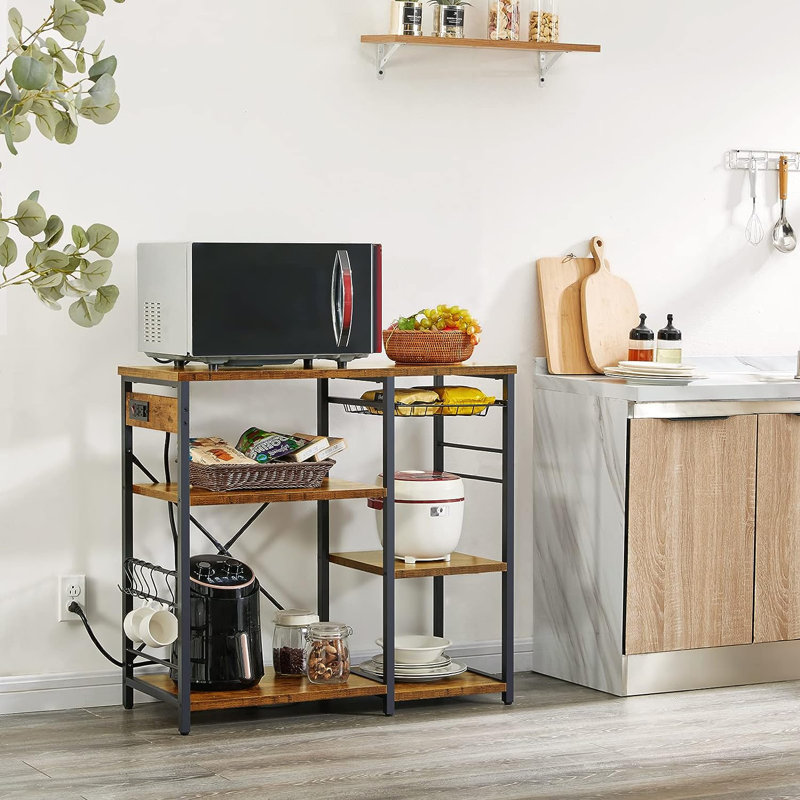 Flamaker Baker's Racks, Small Coffee Bar Table, Microwave Oven Stand With Power Outlet Mini Coffee Station 4 Tier Kitchen Storage Shelves With 5 S Shaped Hooks For Kitchen Grey