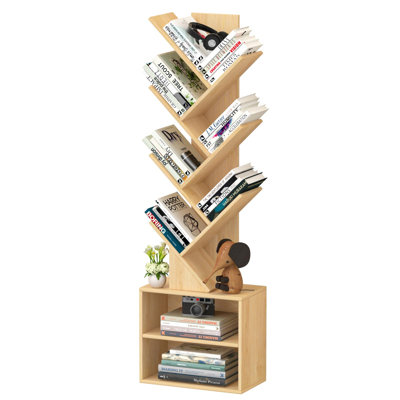 10 Tier Tree Bookshelf,Floor Standing Wood Tall Bookcase for Narrow Space, Storage Organizer Bookshelves for Books, Book Case for CDs/Movies/Books,Home Office,Living Room, Bedroom