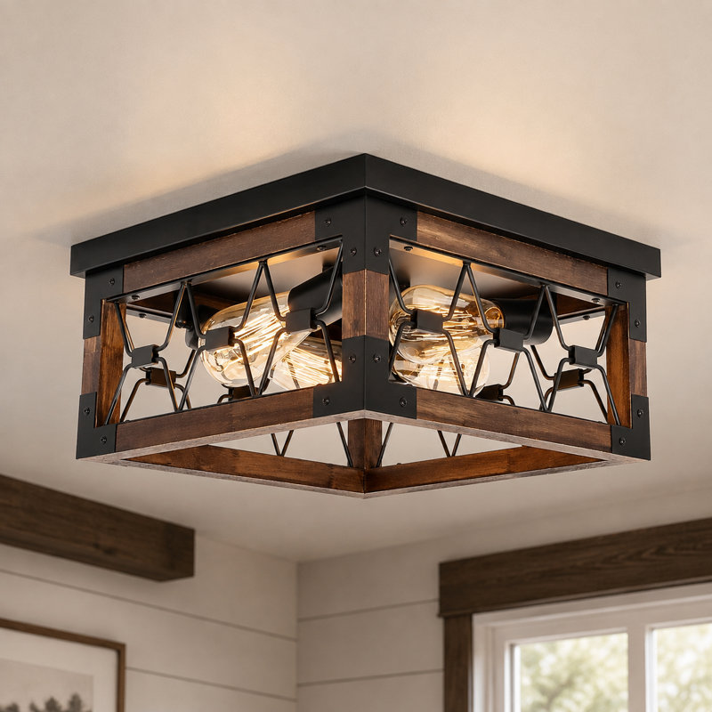 Lorang 4-light Metal Wood Frame Caged Unique Flush Mount Ceiling Light Fixture, 14.57''×14.57''×6.3'', 4