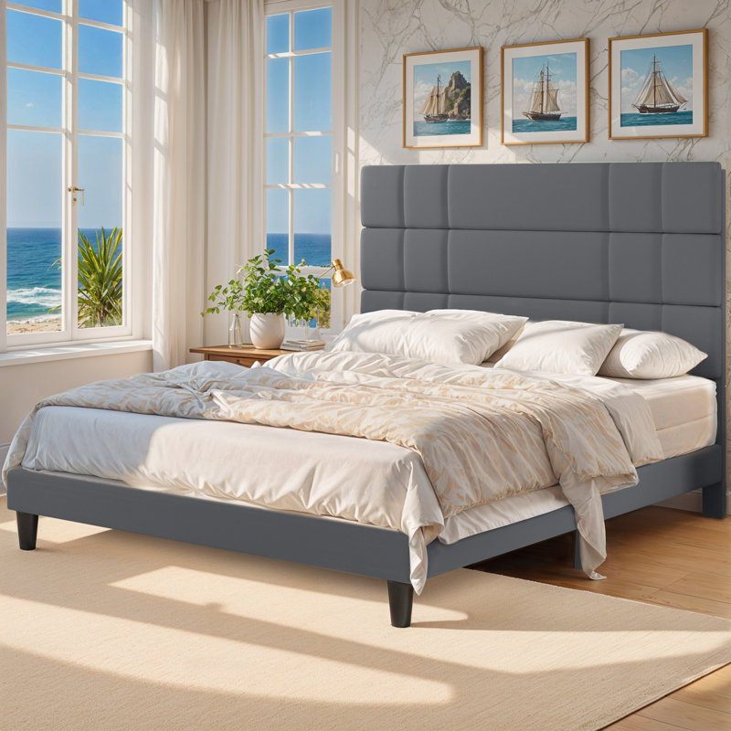Lit plateforme tapissier Kestra, Grand lit, gris