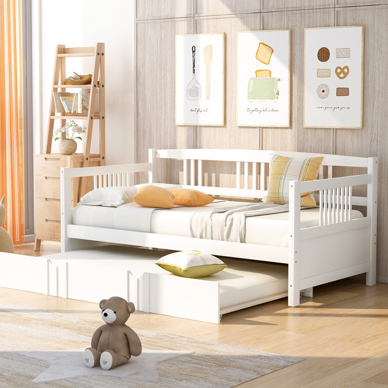 Daybed With Twin Trundle In White, Pine Wood For Functional Living Room And Bedroom Size Trundle, Strong Spaces