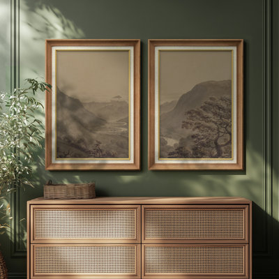 Scène de paysage classique rétro de la vallée de la montagne sépia - ensemble de 2 reproductions d'art mural encadrées de qualité supérieure sur papier 26 po x 36 po