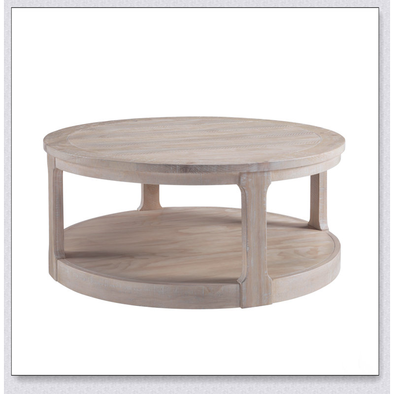 40Inch Large Curved 2 Tier Traditional Round Wooden Coffee Table With Wheels, Mid Century Rustic Style For Living Room, Oak