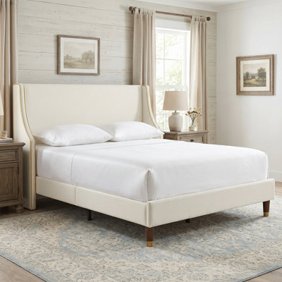 Melaya Elegant Wingback Upholstered Platform Bed Frame – Luxurious Design with Gold Piping, Sturdy Support, and Easy Assembly