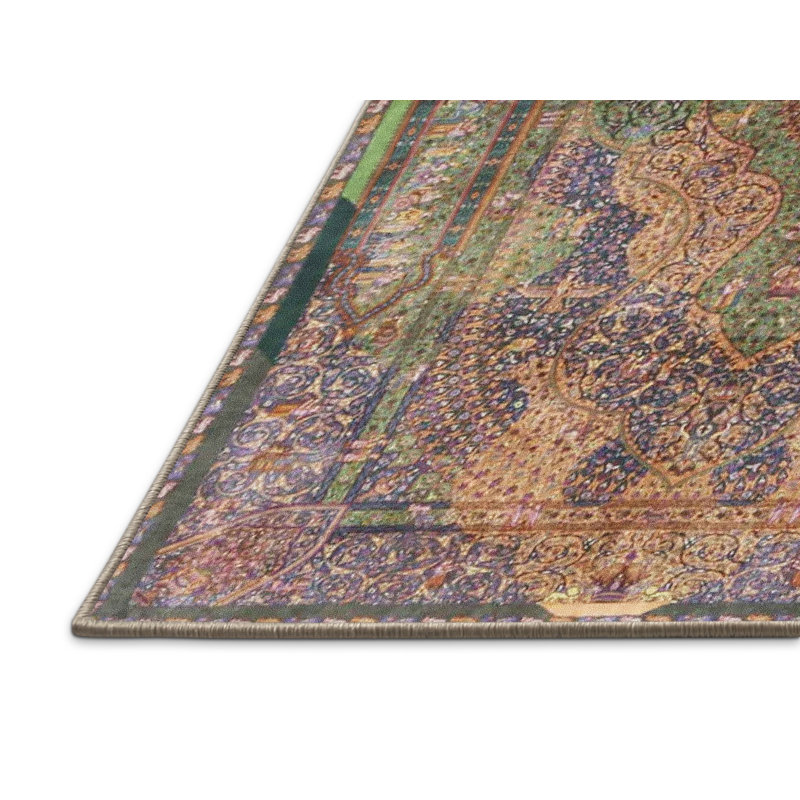 Tapis vert / orange / mauve en laine / polyester tissé à la machine, Rectangle 3 pi x 5 pi
