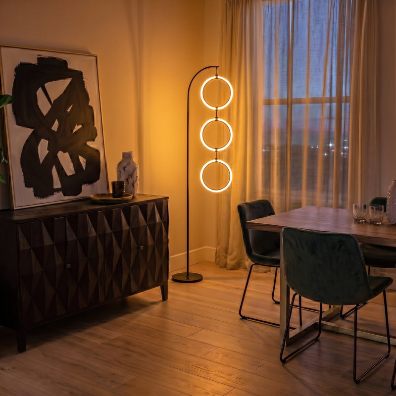 Nova 74" Modern Industrial Arched LED Floor Lamp with Black Finish, Hanging Ring Lights, and Built-In 3-Way Dimmer, Integrated Lighting