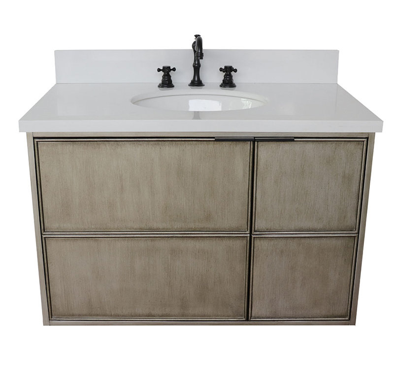 Ensemble de meuble-lavabo mural simple 37 po, Quartz blanc