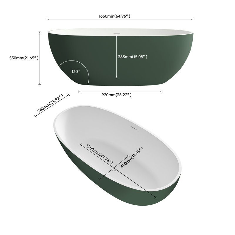 Premium Solid Surface Deep Soaking Bathtub, Matte Green