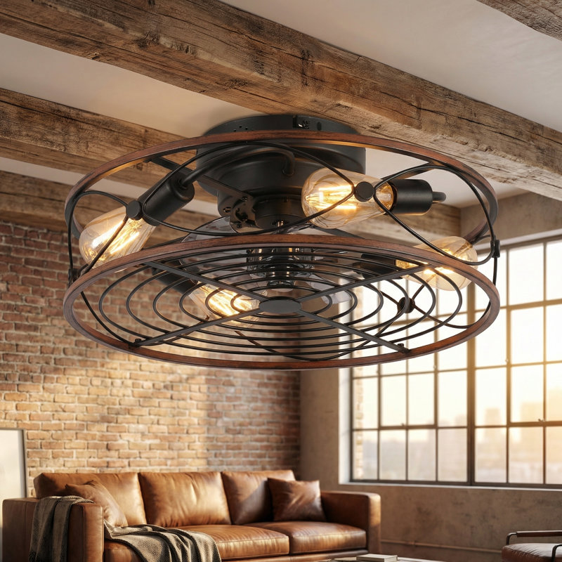 20-Inch Recessed Canopy Ceiling Fan With Light And Remote Control, Ceiling Fan Light With Timer Function—Light Bulb Sold Separately (Matte Black + Wood Grain)