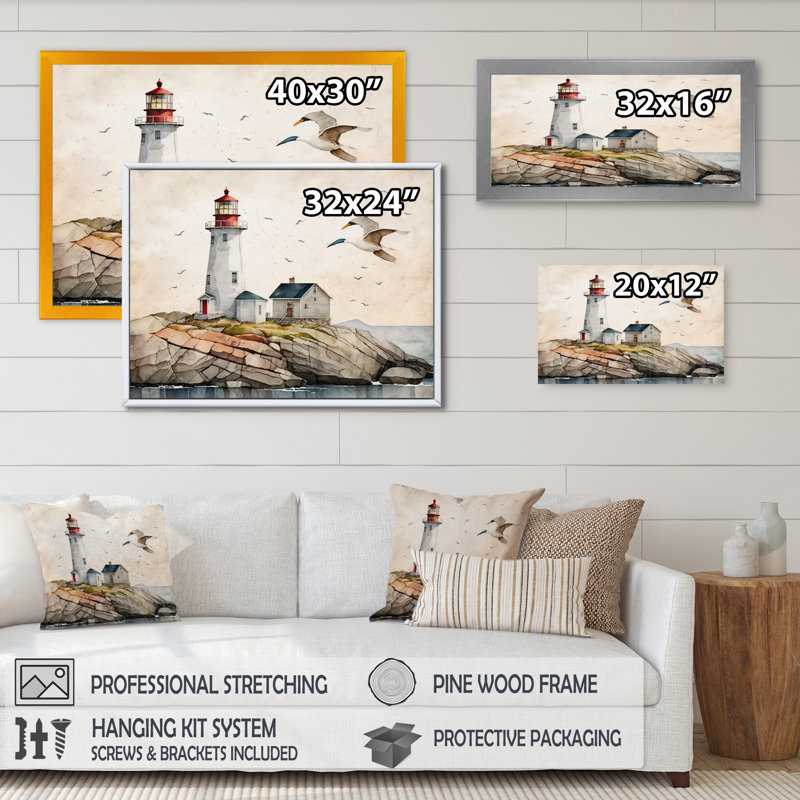 Lighthouse by the Ocean II - Print on Canvas, 12" H x 20" W x 1" D, Gold Floater Framed