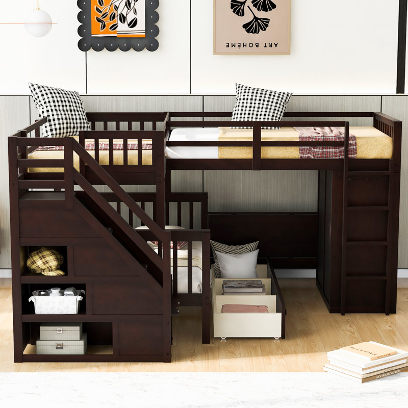 Lit superposé simple au-dessus d'un lit double en L avec 3 tiroirs, bureau portable et garde-robe, espresso, Espresso