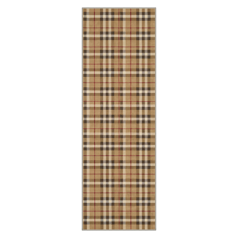 Tapis d'intérieur moderne à carreaux brun / beige / rouge lavable à la machine avec envers antidérapant