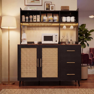 61" Modern Mid-century Style Kitchen Pantry, Rattan Pantry Cabinet With 14-bottle Wine Rack And LED Lights, Kitchen Hutch With Adjustable Shelves For by George Oliver