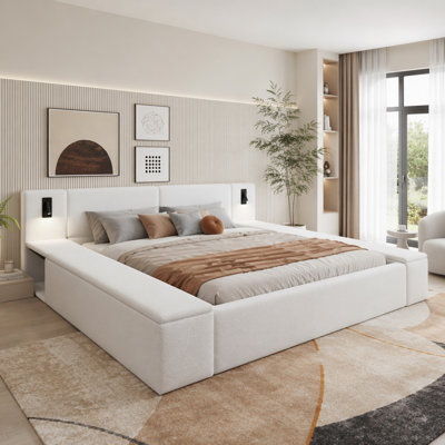 Upholstered Platform Bed with Massive Hidden Storage, Built-in Nightstands & LED Reading Lights
