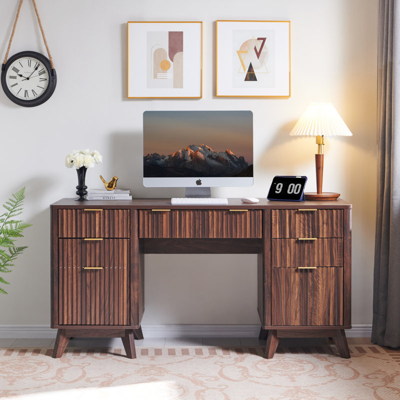 60'' Fluted Executive Desk - Charging Station & File Drawer?, Dark Walnut
