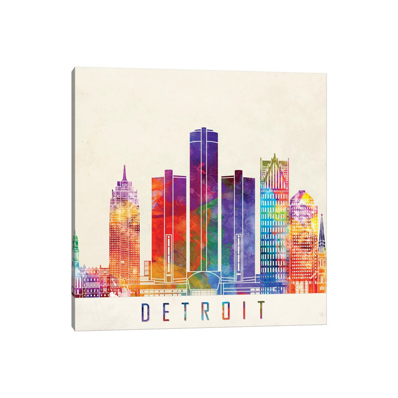 Detroit Landmarks Watercolour by Paul Rommer - Wrapped Canvas Print, 30.48cm H x 30.48cm W x 1.91cm D