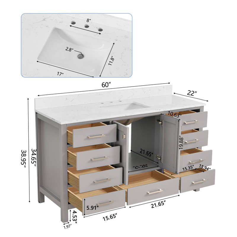 Meuble-lavabo 60 po avec plateau en pierre reconstituée, Gris