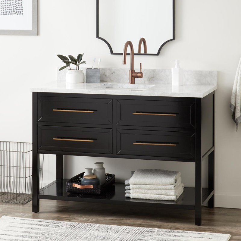 48" Robertson Single Bathroom Vanity Set with Rectangular Undermount Sink, Single Hole, Black, Feathered White Quartz