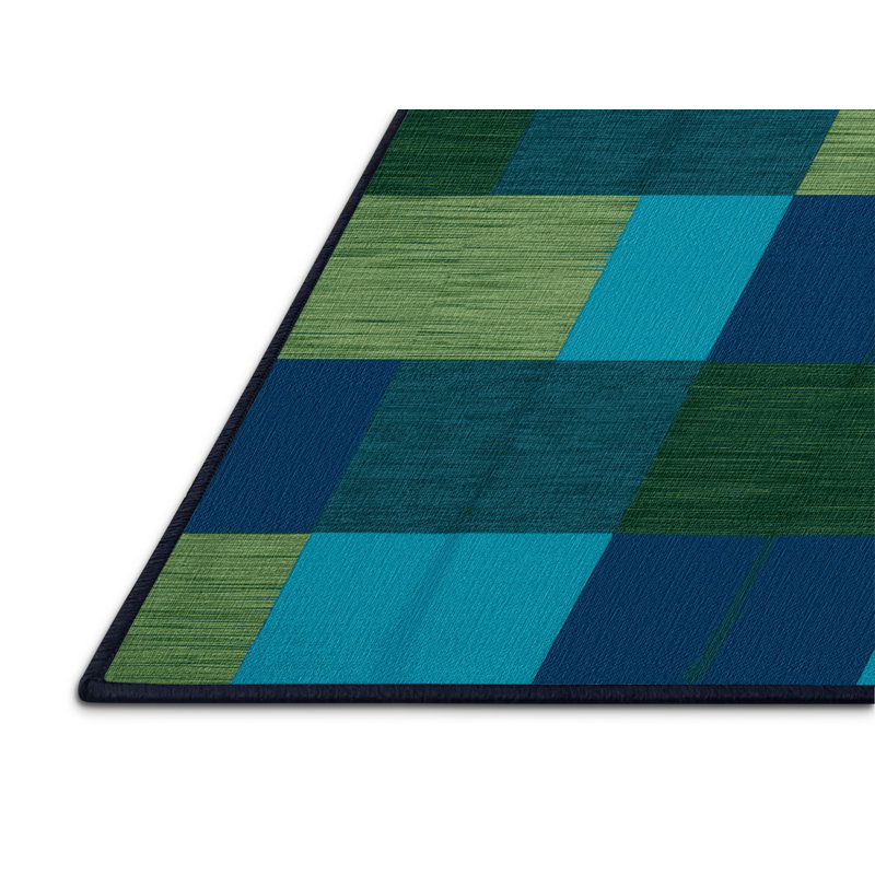 Tapis bleu à carreaux lavable à la machine, Rectangle 7 pi x 10 pi