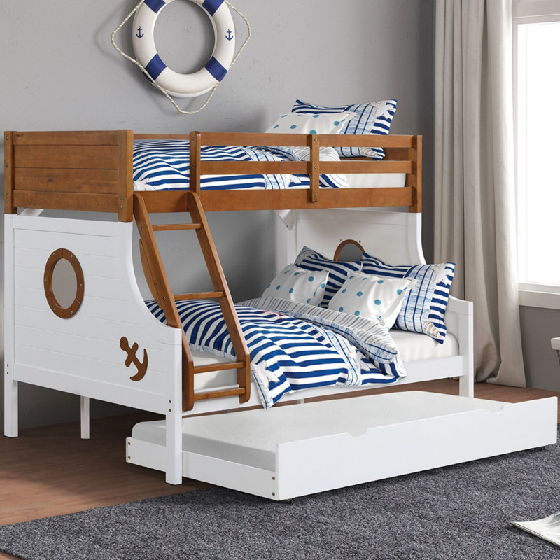 Lit superposé simple au-dessus d'un lit double de style moderne moderne avec rails en échelle attachés et structure de joint verrouillable pour lit supérieur au fini chêne sécuritaire Lit inférieur au fini blanc
