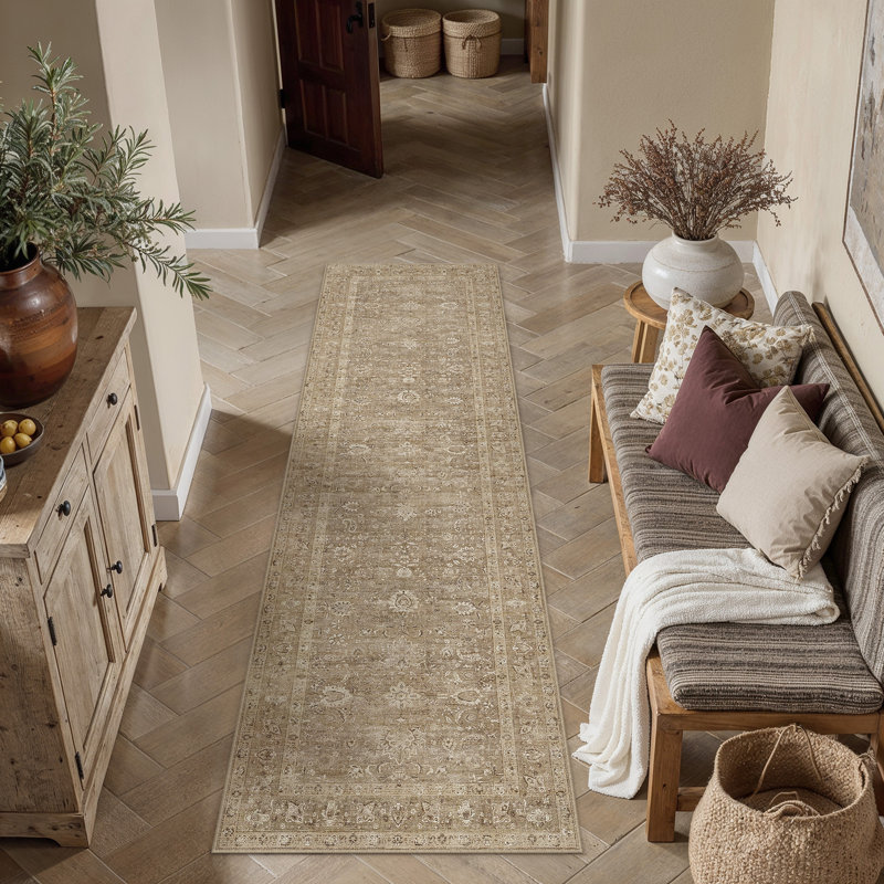 Sofia Vintage Washable Area Rug With Non-Slip Backing, Runner 2' x 8', Brown