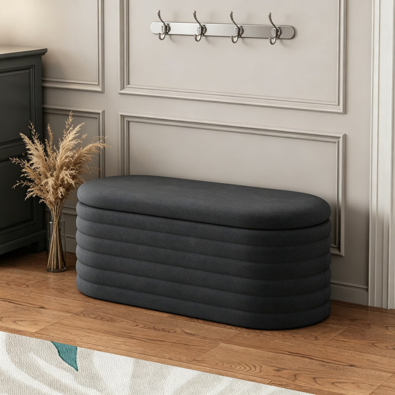 Banc de rangement avec repose-pieds de 40 po en chenille avec charnière de sécurité, banc de rangement ovale rabattable pour chambre à coucher, vestibule, salon, noir